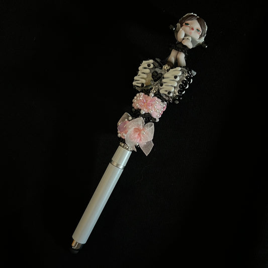 Hand-Painted Beaded Skull Panda Black Ball Pen w/ Stylus Tip