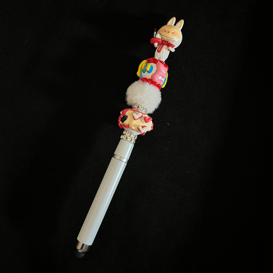 Hand-Painted Beaded Labubu Black Ball Pen w/ Stylus Cap