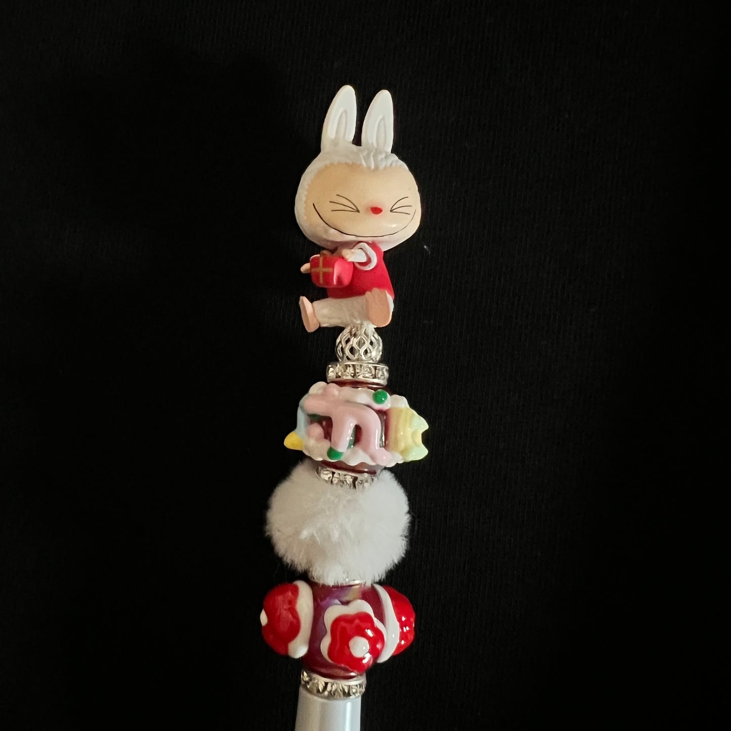 Hand-Painted Beaded Labubu Black Ball Pen w/ Stylus Cap