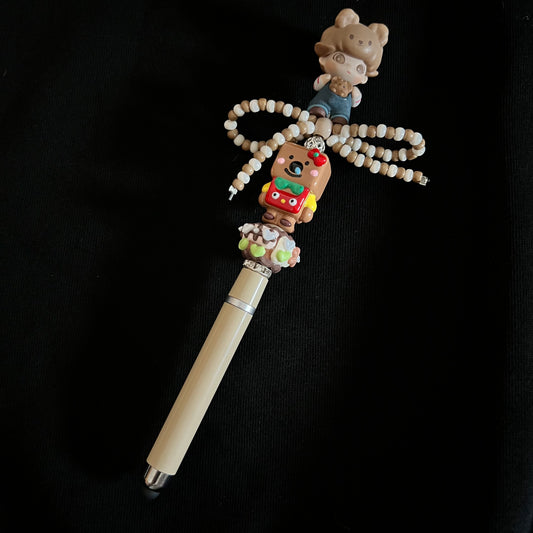 Hand-Painted Beaded Dimoo Black Ball Pen w/Stylus Cap