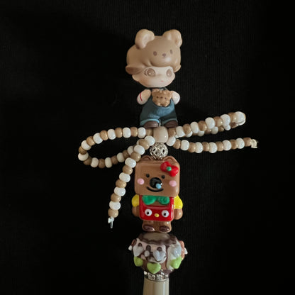 Hand-Painted Beaded Dimoo Black Ball Pen w/Stylus Cap