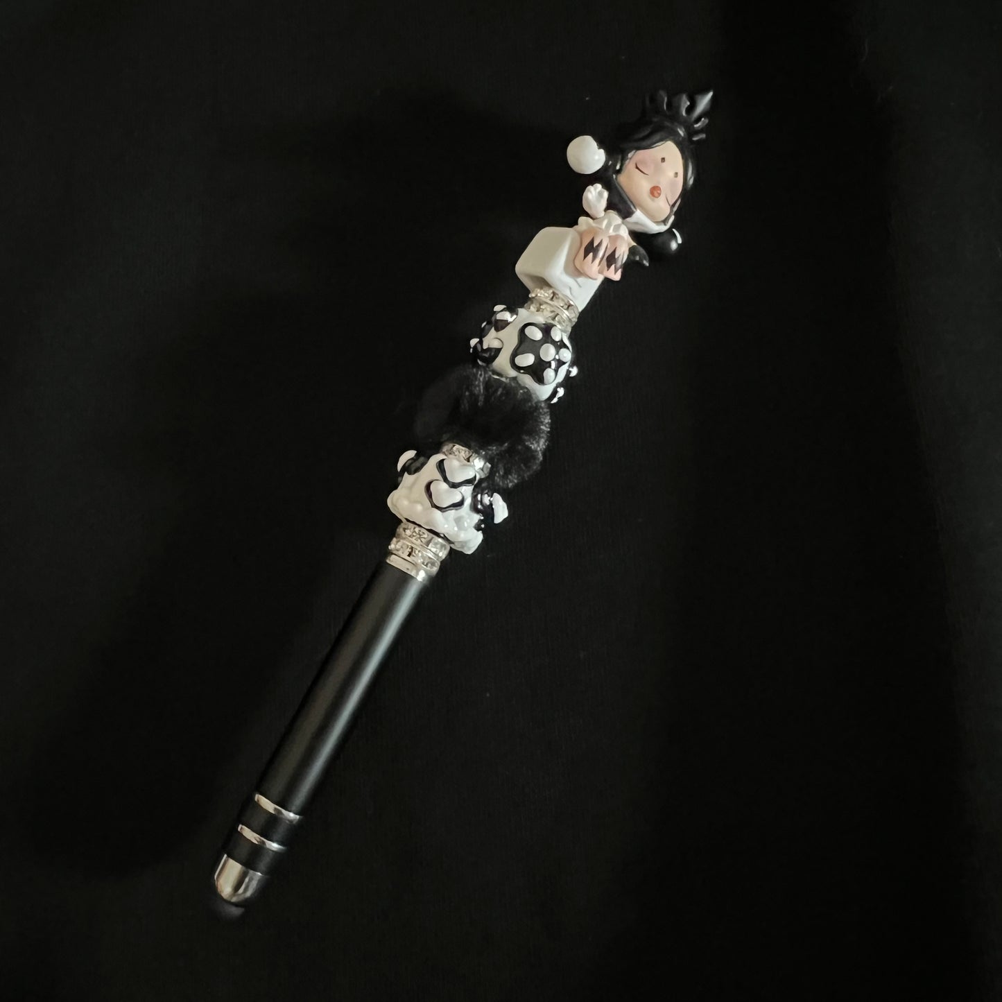 Hand-Painted Beaded Skull Panda Black Ball Pen w/Stylus Cap