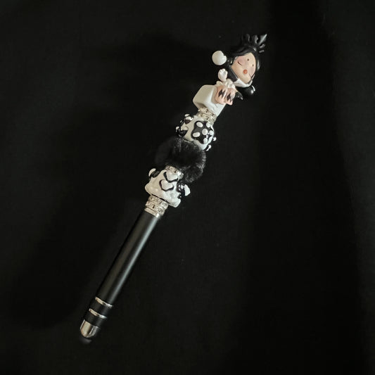 Hand-Painted Beaded Skull Panda Black Ball Pen w/Stylus Cap