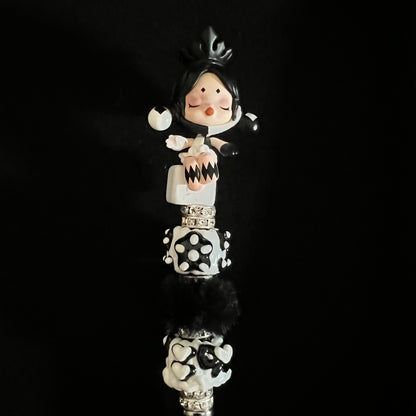 Hand-Painted Beaded Skull Panda Black Ball Pen w/Stylus Cap