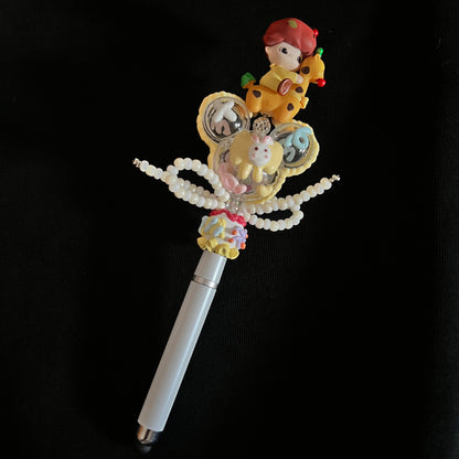 Hand-Painted Beaded Dimoo Black Ball Pen w/Stylus Cap