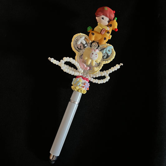 Hand-Painted Beaded Dimoo Black Ball Pen w/Stylus Cap