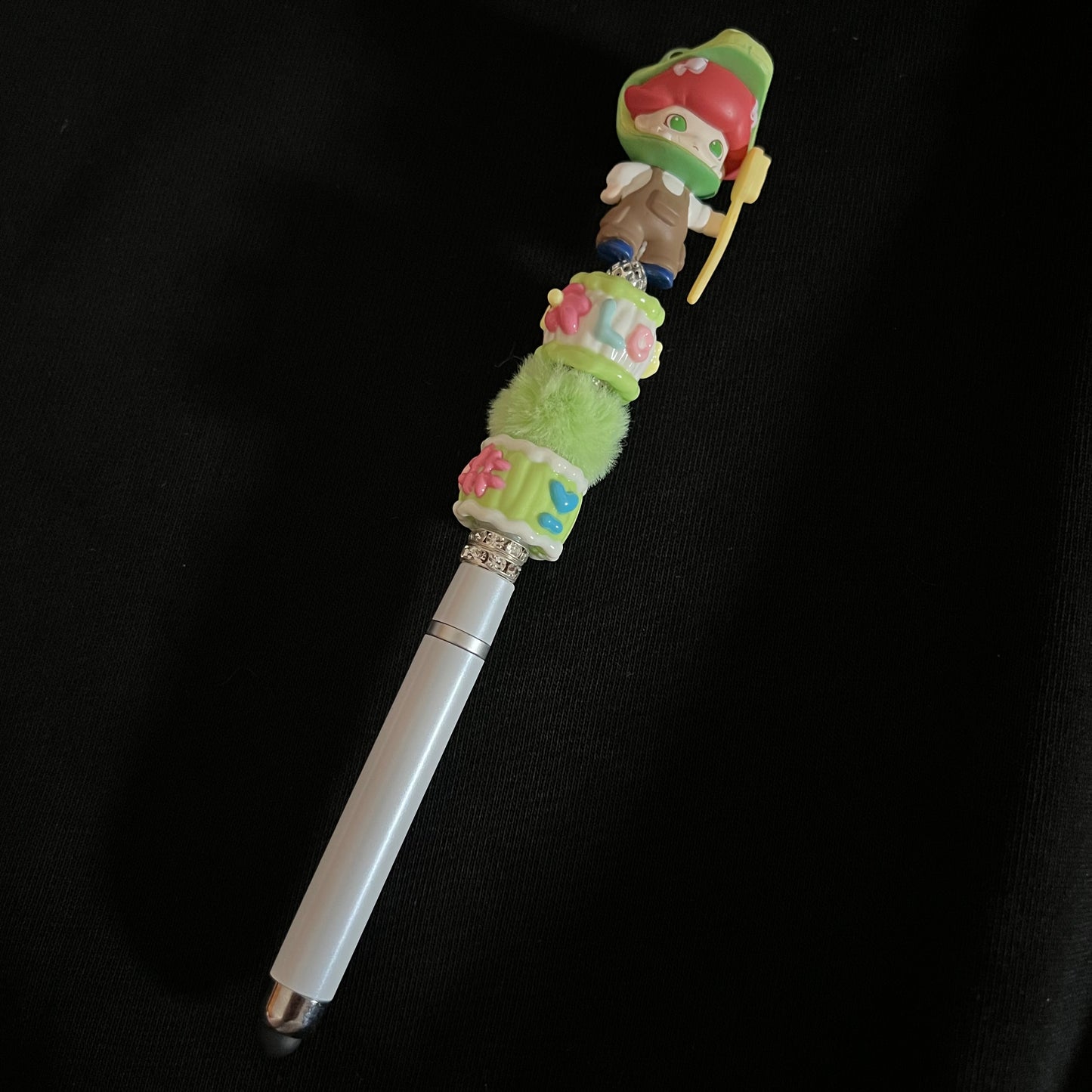 Hand-Painted Beaded Dimoo Black Ball Pen w/Stylus Cap