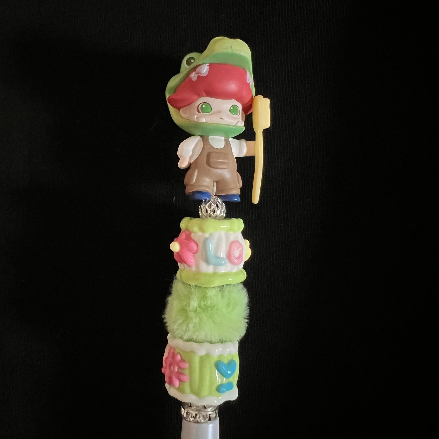 Hand-Painted Beaded Dimoo Black Ball Pen w/Stylus Cap