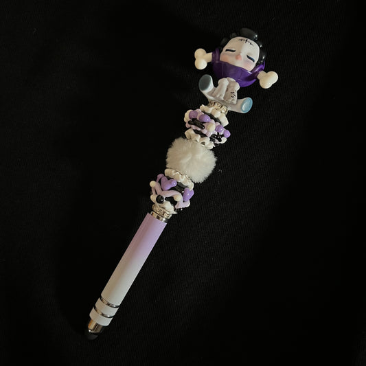 Hand-Painted Beaded Skull Panda Black Ball Pen w/Stylus Cap