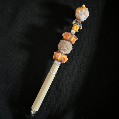 Hand-Painted Beaded Dimoo Black Ball Pen w/Stylus Cap