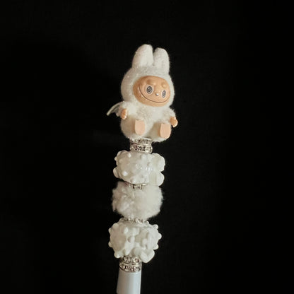 Hand-Painted Beaded Zimomo Black Ball Pen w/Stylus Cap