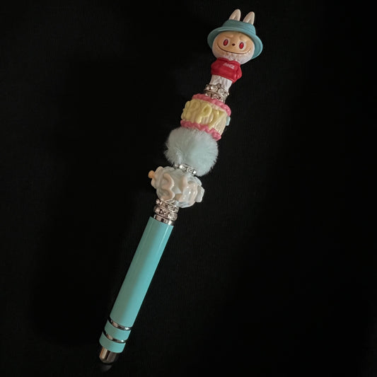 Hand-Painted Beaded Labubu Black Ball Pen w/Stylus Cap