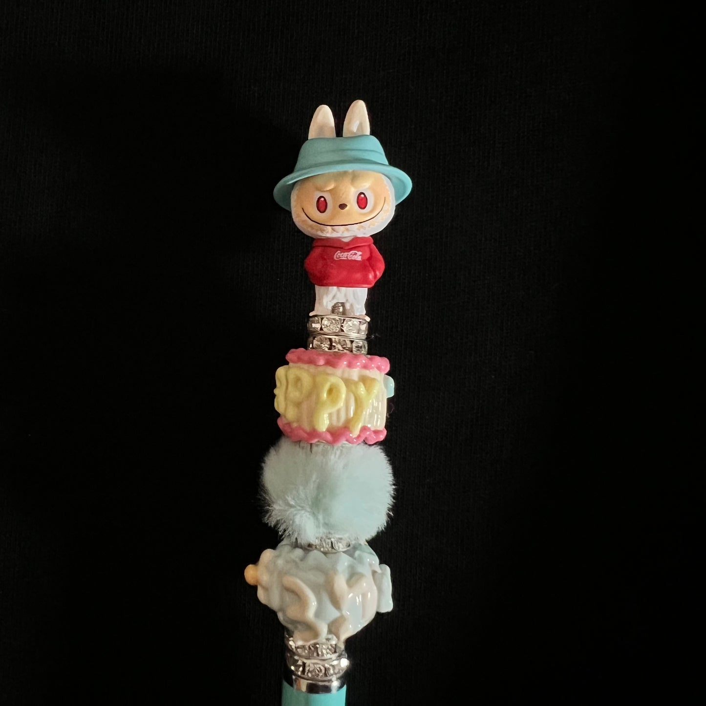 Hand-Painted Beaded Labubu Black Ball Pen w/Stylus Cap