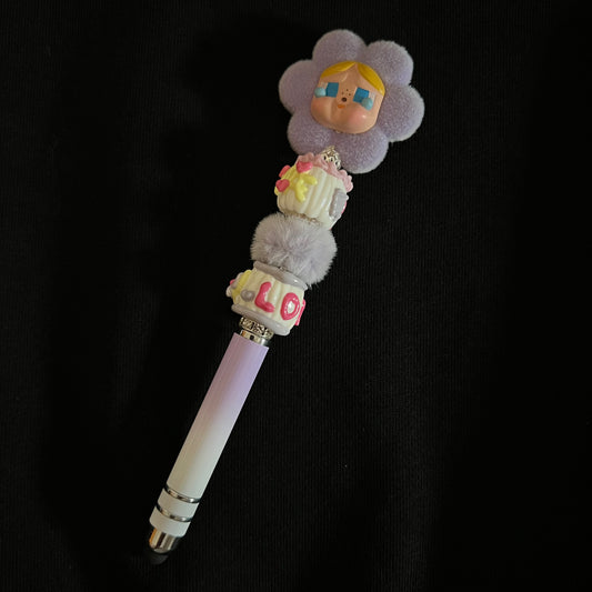 Hand-Painted Beaded Crybaby Black Ball Pen w/Stylus Cap