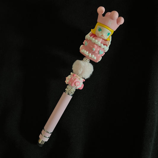 Hand-Painted Beaded Molly Black Ball Pen w/Stylus Cap