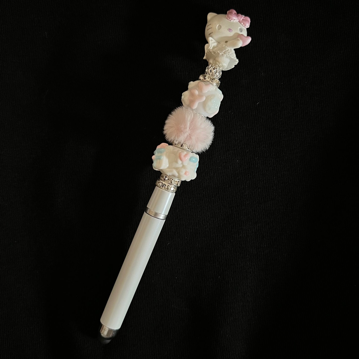 Hand-Painted Beaded Hello Kitty Black Ball Pen w/Stylus Cap