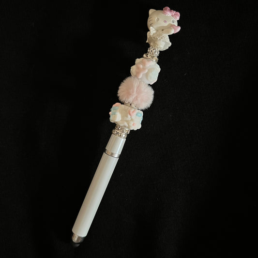 Hand-Painted Beaded Hello Kitty Black Ball Pen w/Stylus Cap