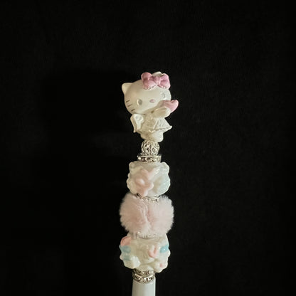 Hand-Painted Beaded Hello Kitty Black Ball Pen w/Stylus Cap