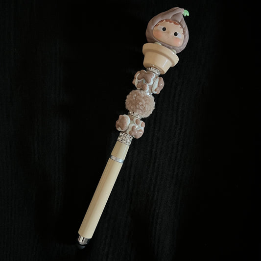 Hand-Painted Beaded Ozai Black Ball Pen w/Stylus Cap