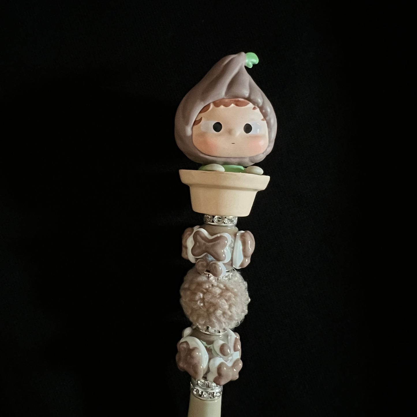 Hand-Painted Beaded Ozai Black Ball Pen w/Stylus Cap
