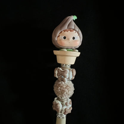 Hand-Painted Beaded Ozai Black Ball Pen w/Stylus Cap