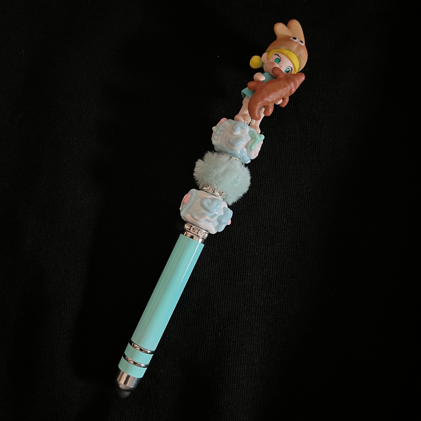 Hand-Painted Beaded Molly Black Ball Pen w/Stylus Cap
