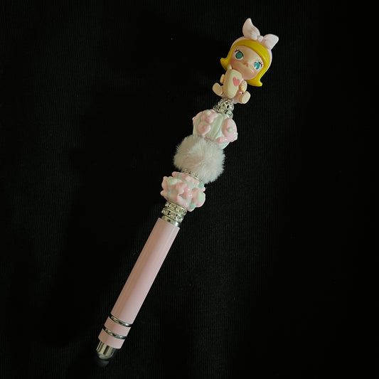 Hand-Painted Beaded Molly Black Ball Pen w/Stylus Cap