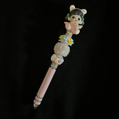 Hand-Painted Beaded Zoraa Black Ball Pen w/Stylus Cap