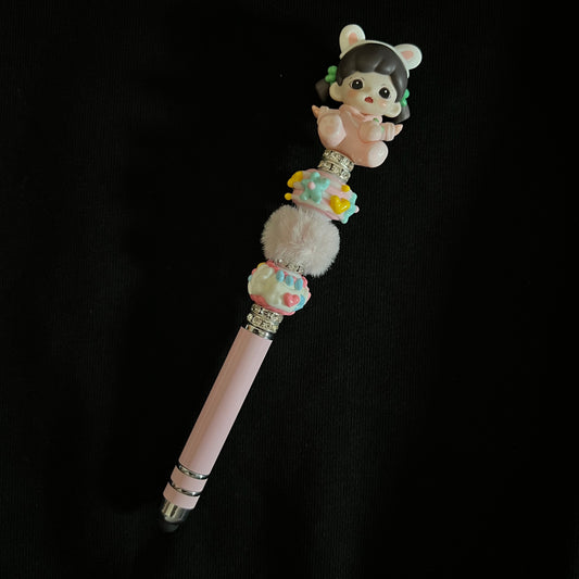 Hand-Painted Beaded Zoraa Black Ball Pen w/Stylus Cap