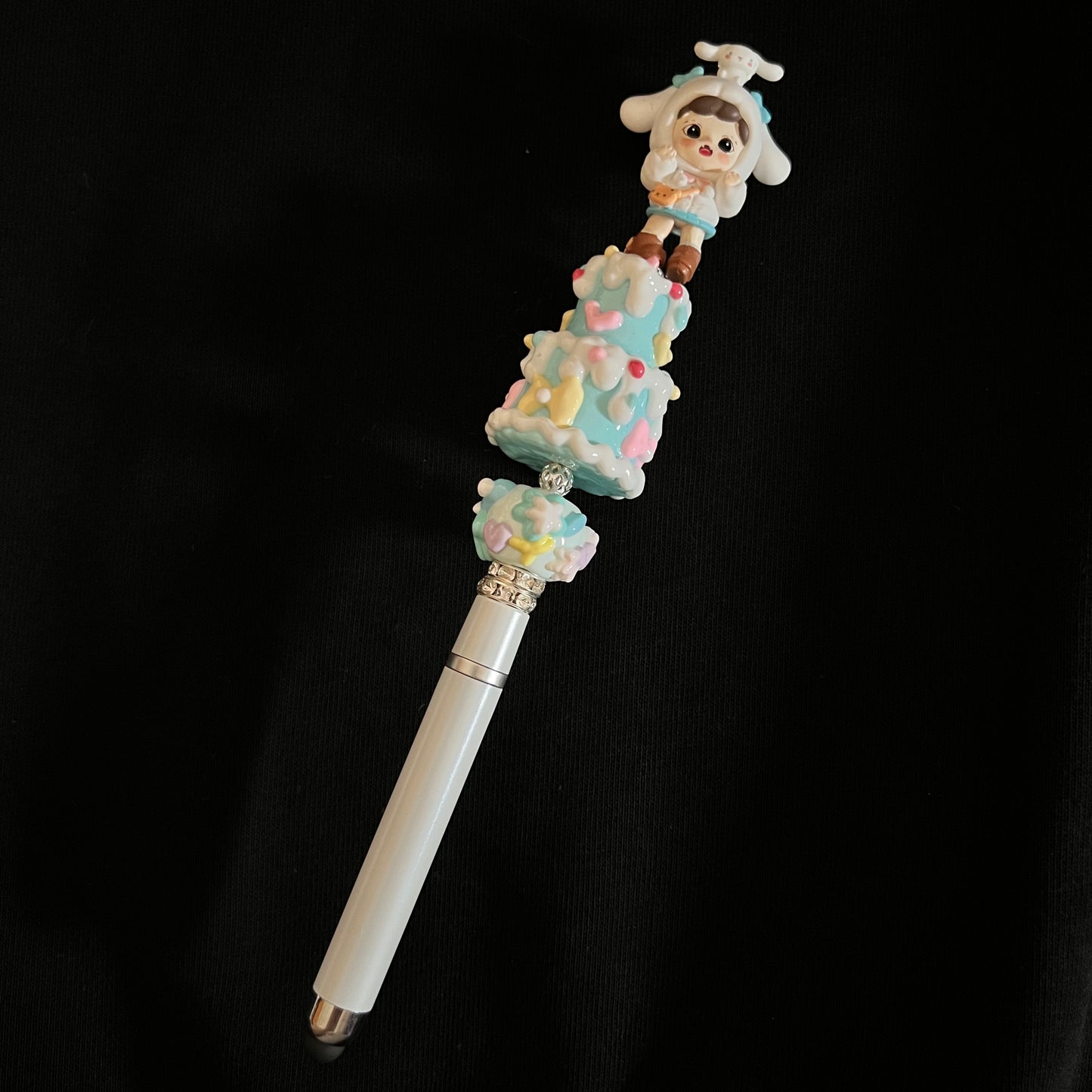 Hand-Painted Beaded Zoraa Black Ball Pen w/Stylus Cap