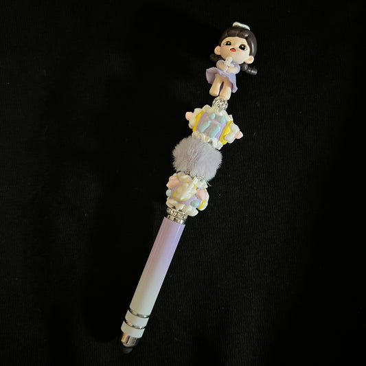Hand-Painted Beaded Zoraa Black Ball Pen w/Stylus Cap