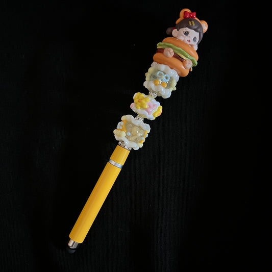 Hand-Painted Beaded Zoraa Black Ball Pen w/Stylus Cap