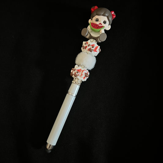 Hand-Painted Beaded Zoraa Black Ball Pen w/Stylus Cap