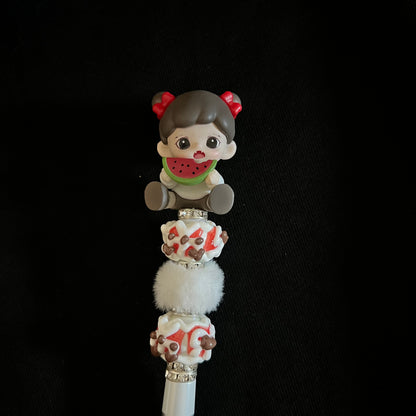 Hand-Painted Beaded Zoraa Black Ball Pen w/Stylus Cap