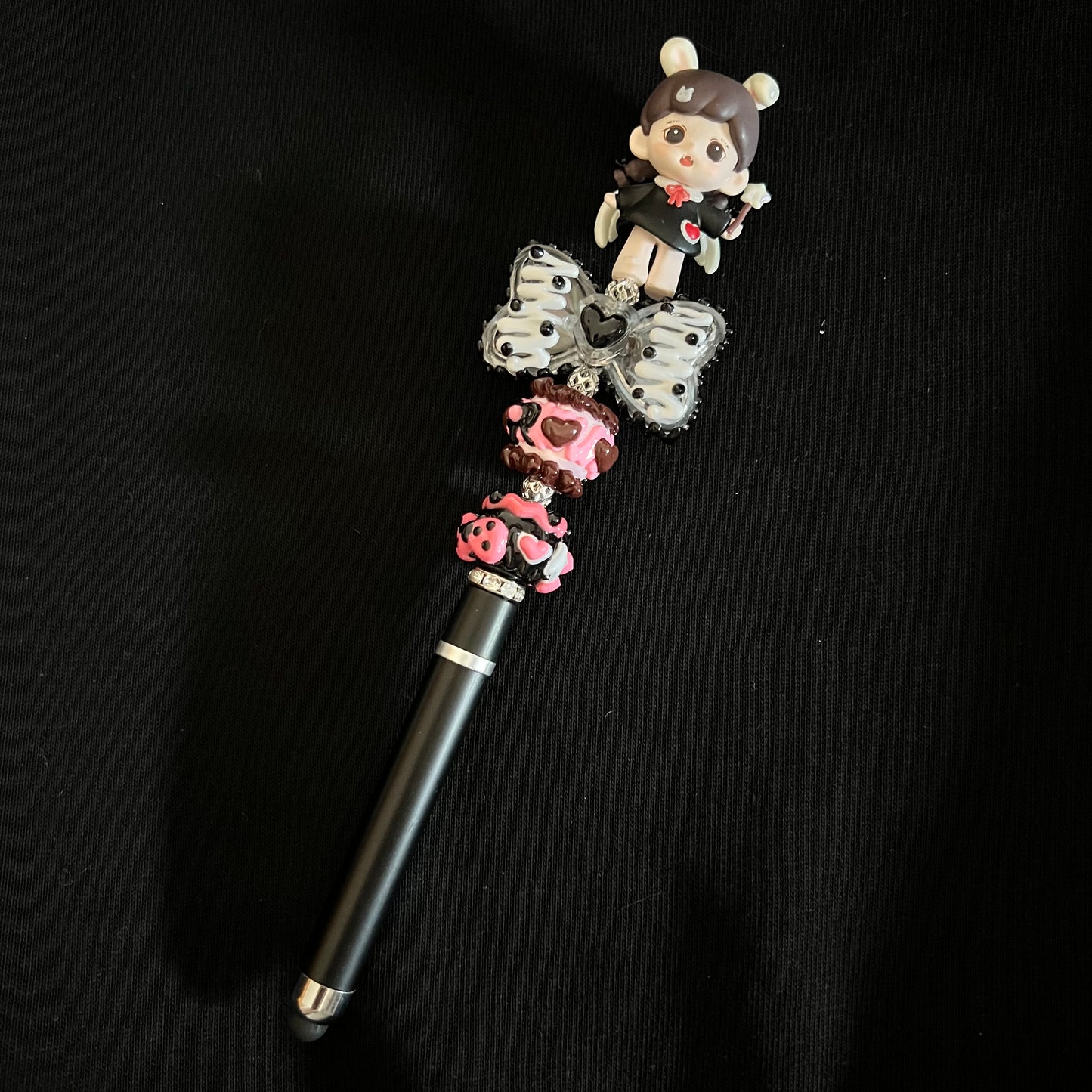 Hand-Painted Beaded Zoraa Black Ball Pen w/Stylus Cap