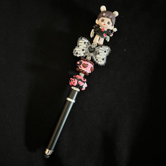 Hand-Painted Beaded Zoraa Black Ball Pen w/Stylus Cap