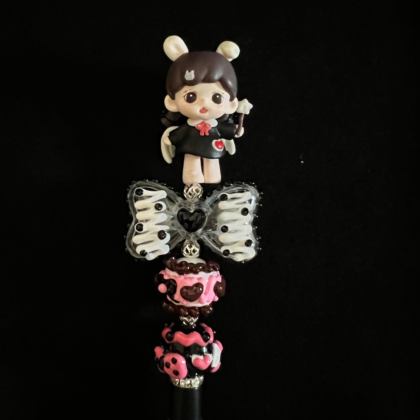 Hand-Painted Beaded Zoraa Black Ball Pen w/Stylus Cap