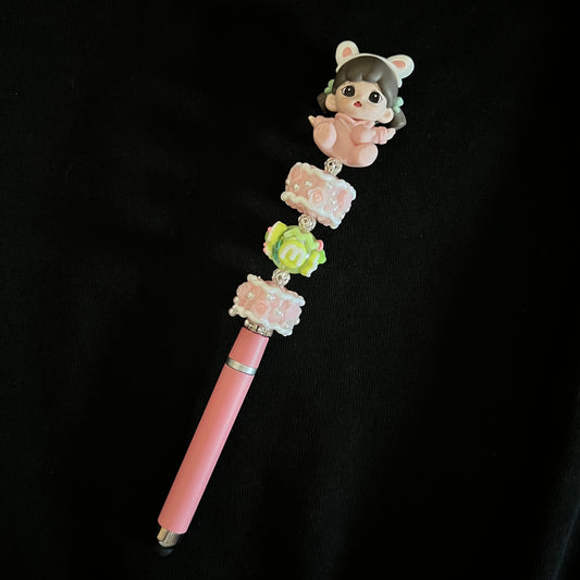 Hand-Painted Beaded Zoraa Black Ball Pen w/Stylus Cap