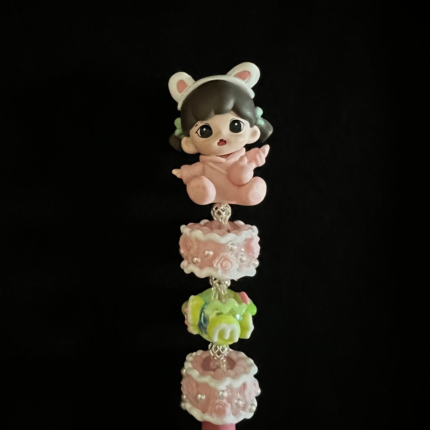 Hand-Painted Beaded Zoraa Black Ball Pen w/Stylus Cap