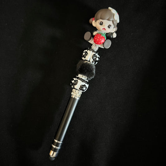 Hand-Painted Beaded Zoraa Black Ball Pen w/Stylus Cap